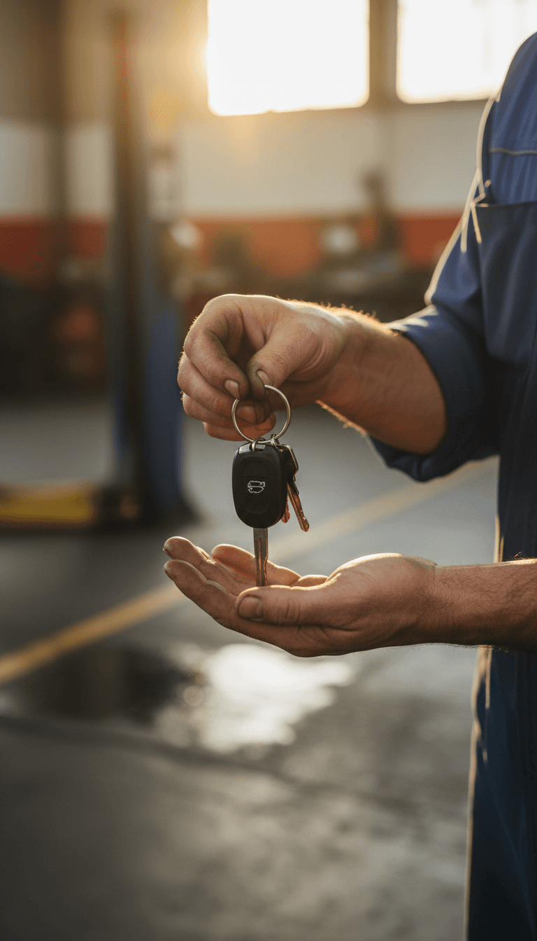 Close up of car keys held by mechanic in work shirt with warm sunlight