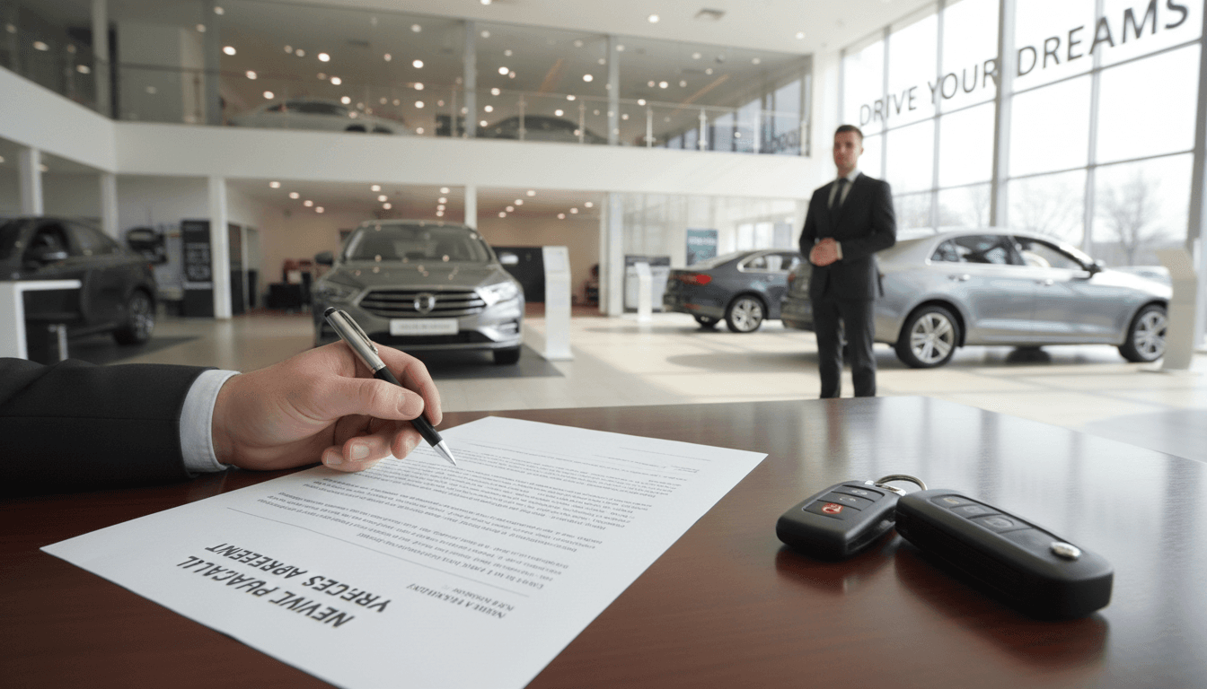 Person signing a credit application at a car dealership desk