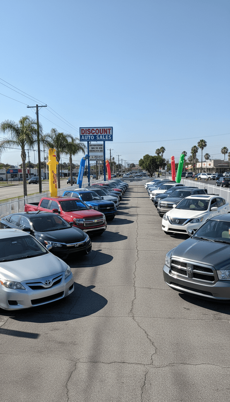 Row of used cars on a dealership lot