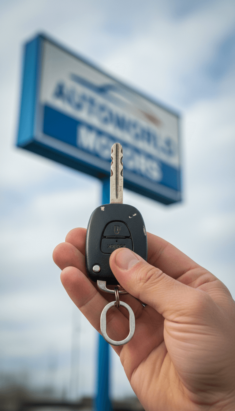 Hand holding car key in front of a dealership building