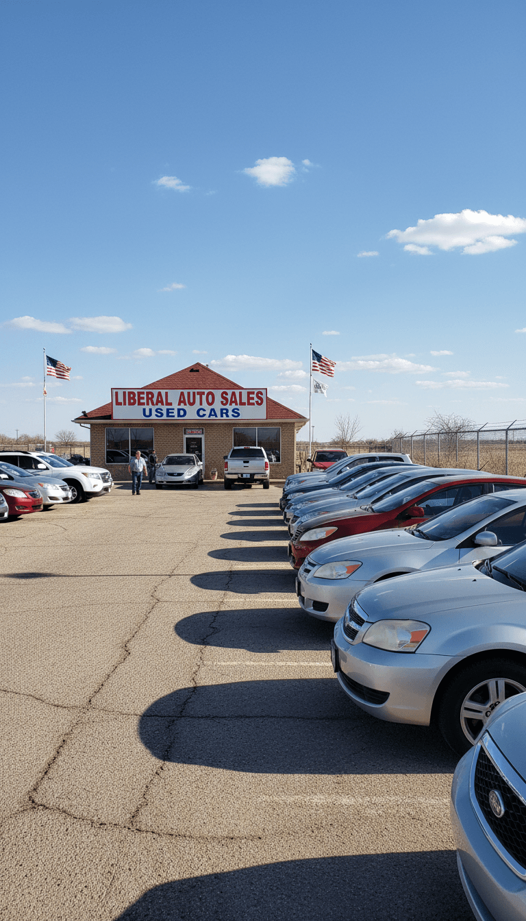 Row of used cars on the lot at a local dealership in Liberal, Kansas