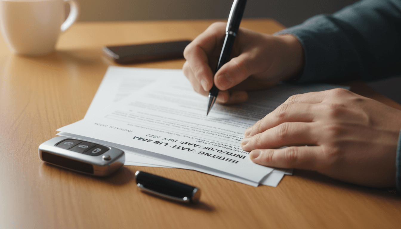 Person completing a credit application form at a dealership desk