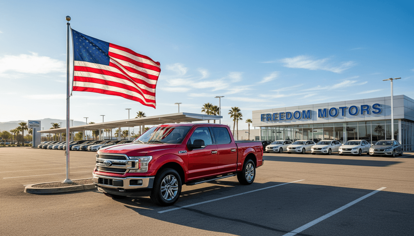 Red pickup truck on a car lot with an american flag