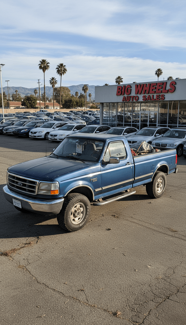 White pickup truck on a used car lot