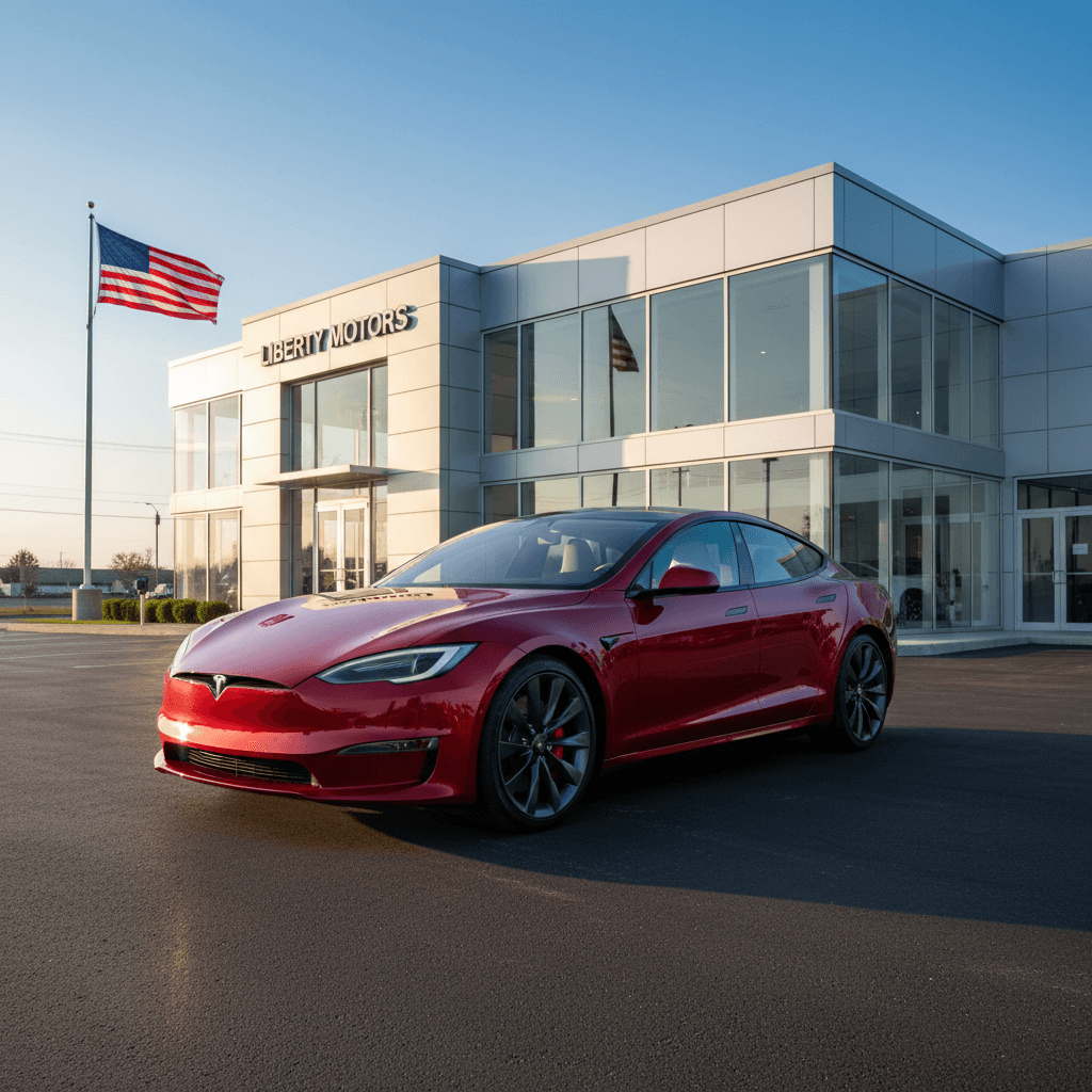 Red sedan parked on clean asphalt lot in front of simple dealership building with American flag