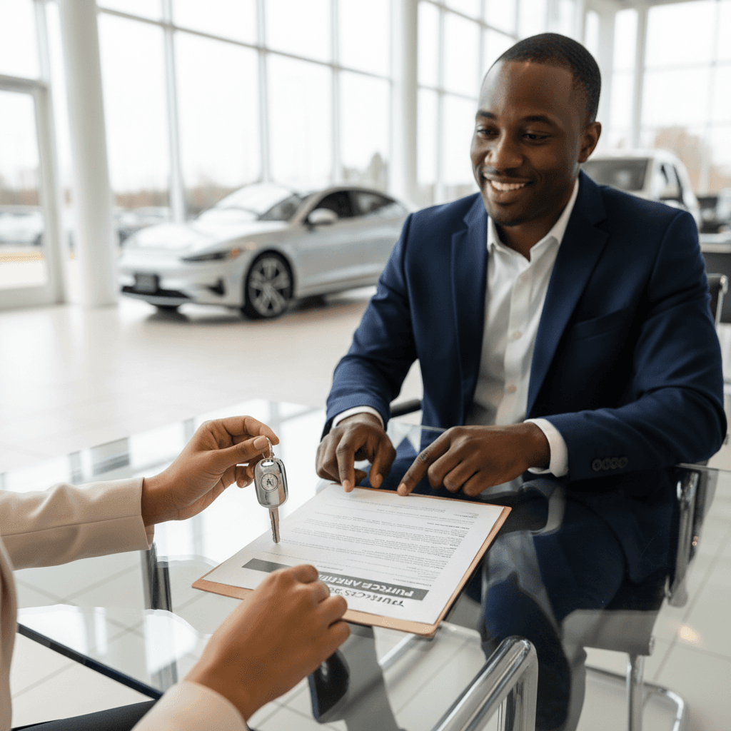Handshake between car salesman and customer in dealership showroom