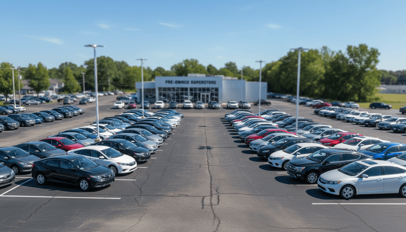 Red sedan parked on clean asphalt lot in front of simple dealership building with American flag