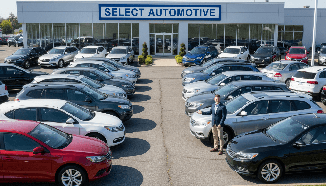 Car dealership lot with cars parked and small sales office building